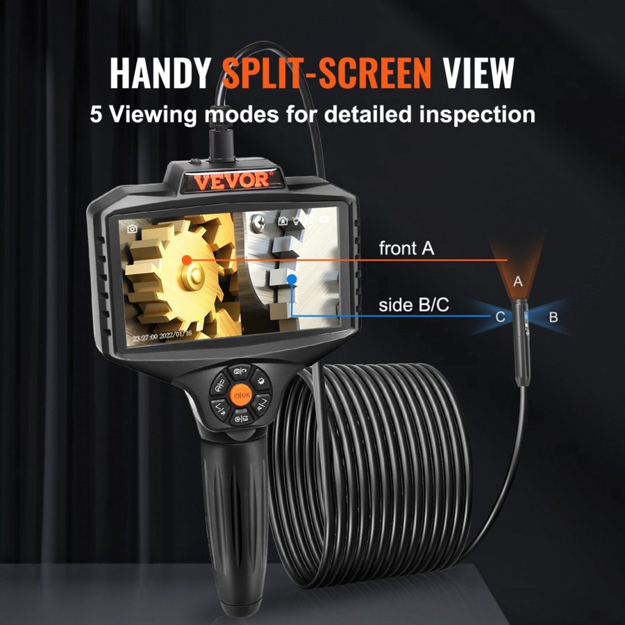 VEVOR Triple Lens Inspection Camera with Light, 12.7cm IPS Screen Industrial Borescope, 8X Zoom 1080P HD Split Screen, 10 LED Lights Scope Camera for Automotive, Plumbing (5m)
