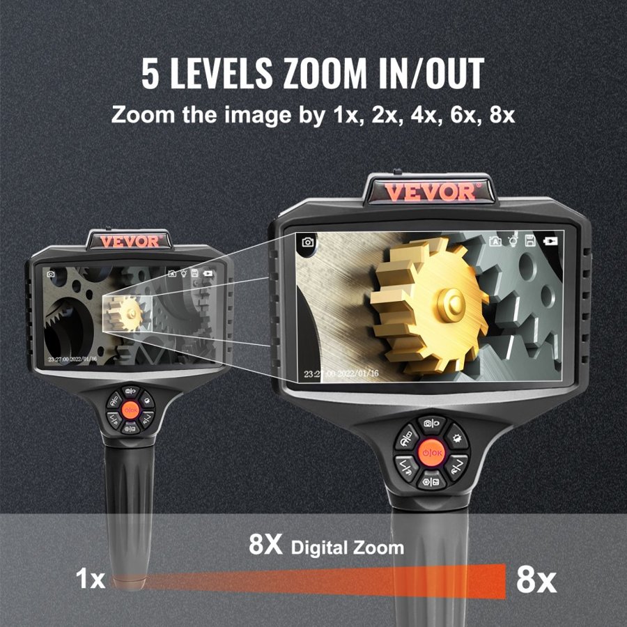 VEVOR Triple Lens Inspection Camera with Light, 12.7cm IPS Screen Industrial Borescope, 8X Zoom 1080P HD Split Screen, 10 LED Lights Scope Camera for Automotive, Plumbing (5m)