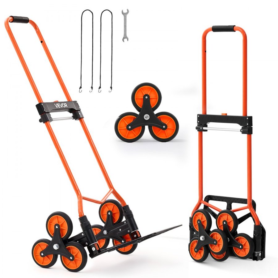 VEVOR Stair Climbing Cart, 54 kg Stair-Climbing Capacity, Portable Folding Trolley Cart with Telescoping Handle, 6 Wheels and 2 Bungee Cords, Stair Climber Dolly for Home, Groceries, Warehouse