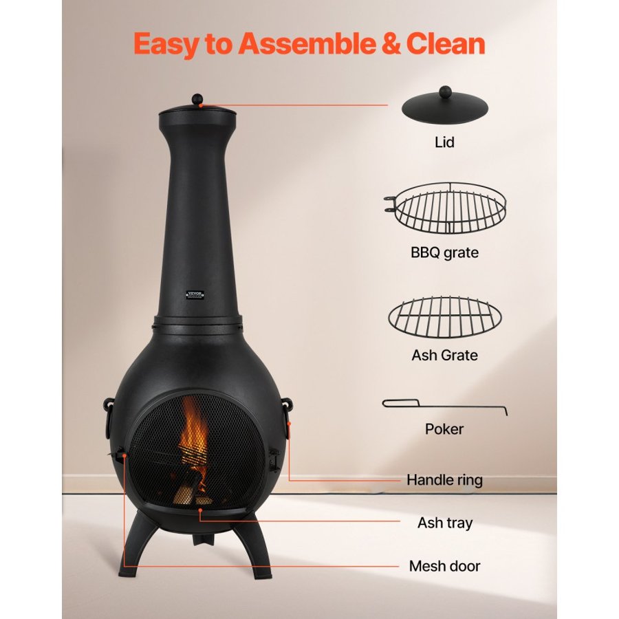 VEVOR Chiminea, 18 Inch Outdoor Wood Burning Firepit, Spherical Fireplace for BBQ & Warming, Outside Wooden Fire Pit with Grill Mesh, Chimney Coat & Rustproof Chiminea Lid, for Patio, Garden, Backyard