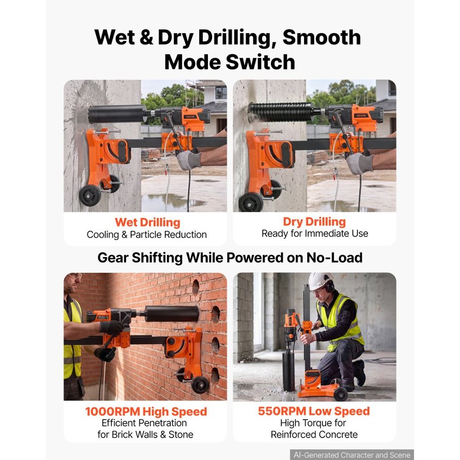 VEVOR Diamond Core Drilling Machine, 20-305mm Capacity, Dry/Wet Concrete Core Drill Rig with 127mm Wet Drill Bit, Tiltable Stand & Wheeled Base, 3000W (Max 3500W), 1000/550RPM, UNC1 1/4–7 Thread