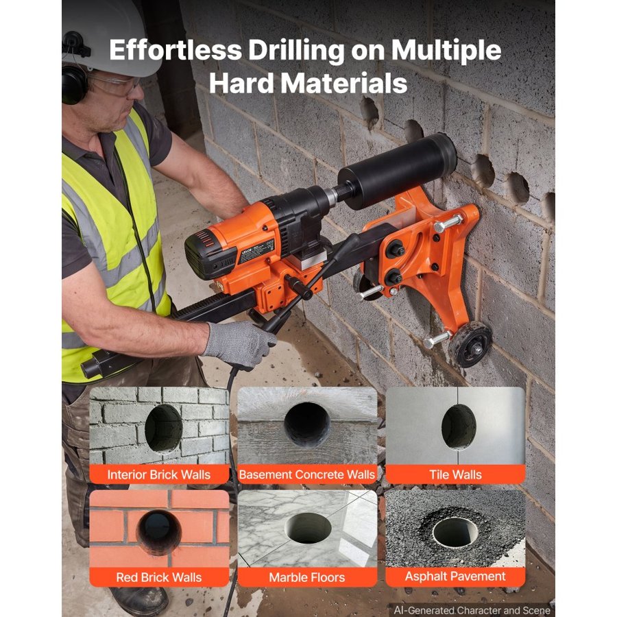 VEVOR Diamond Core Drilling Machine, 20-305mm Capacity, Dry/Wet Concrete Core Drill Rig with 127mm Wet Drill Bit, Tiltable Stand & Wheeled Base, 3000W (Max 3500W), 1000/550RPM, UNC1 1/4–7 Thread