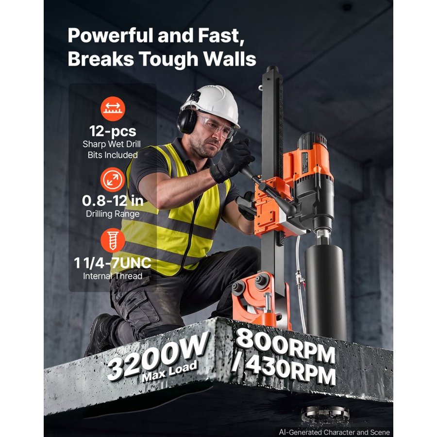 VEVOR Diamond Core Drilling Machine, 20-305mm Drilling Capacity, Dry/Wet Concrete Core Drill Rig with 12 Drill Bits,  Tiltable Stand & Wheeled Base, 3000W (Max 3500W) 1000/550RPM, UNC1 1/4–7 Thread