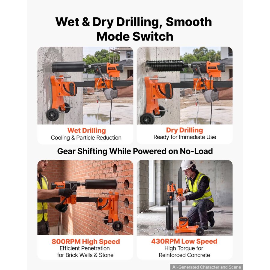 VEVOR Diamond Core Drilling Machine, 20-305mm Drilling Capacity, Dry/Wet Concrete Core Drill Rig with 12 Drill Bits,  Tiltable Stand & Wheeled Base, 3000W (Max 3500W) 1000/550RPM, UNC1 1/4–7 Thread