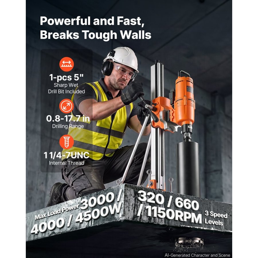 VEVOR Diamond Core Drilling Machine, Dry/Wet Concrete Core Drill Rig with 127mm Wet Drill Bit, Tiltable Stand & Wheeled Base, 20-450mm Drilling Capacity, Max 4500W 1150RPM, UNC1 1/4–7 Thread