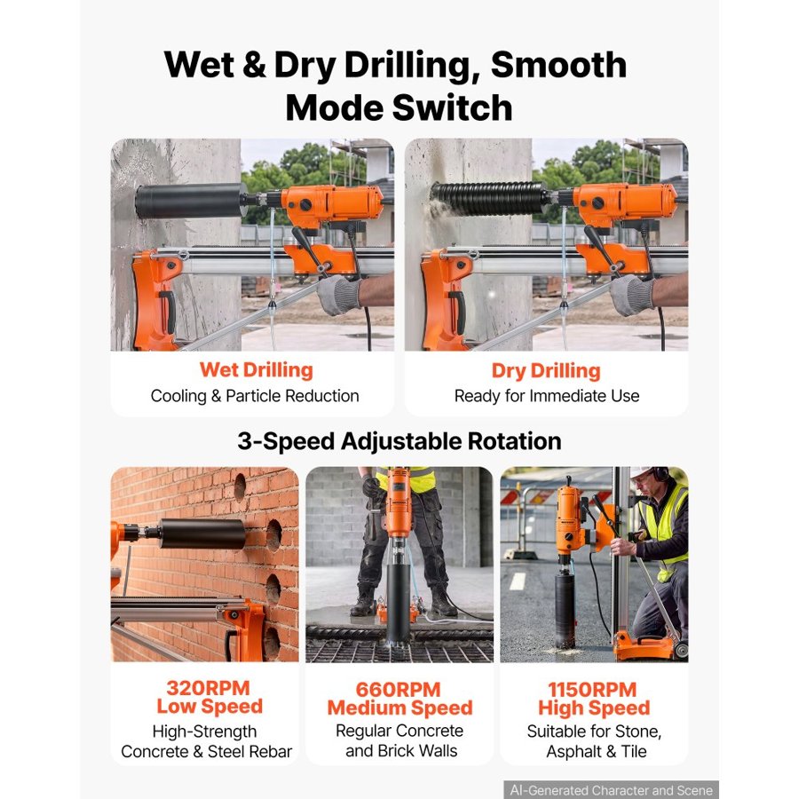 VEVOR Diamond Core Drilling Machine, Dry/Wet Concrete Core Drill Rig with 127mm Wet Drill Bit, Tiltable Stand & Wheeled Base, 20-450mm Drilling Capacity, Max 4500W 1150RPM, UNC1 1/4–7 Thread