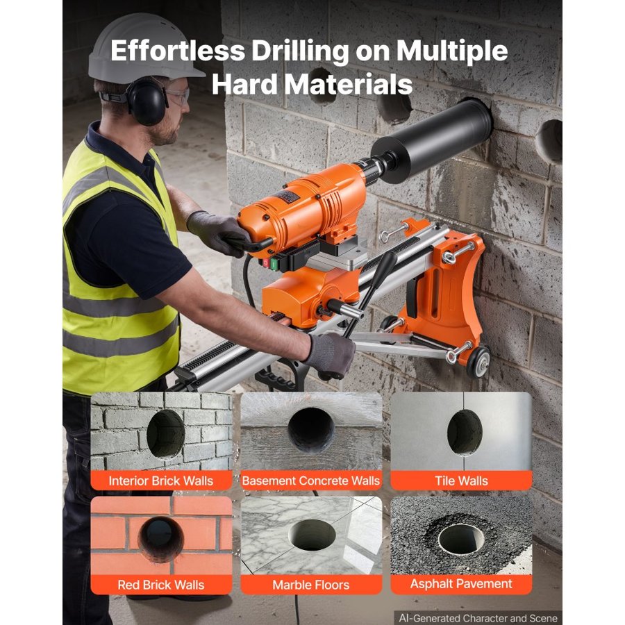 VEVOR Diamond Core Drilling Machine, Dry/Wet Concrete Core Drill Rig with 127mm Wet Drill Bit, Tiltable Stand & Wheeled Base, 20-450mm Drilling Capacity, Max 4500W 1150RPM, UNC1 1/4–7 Thread
