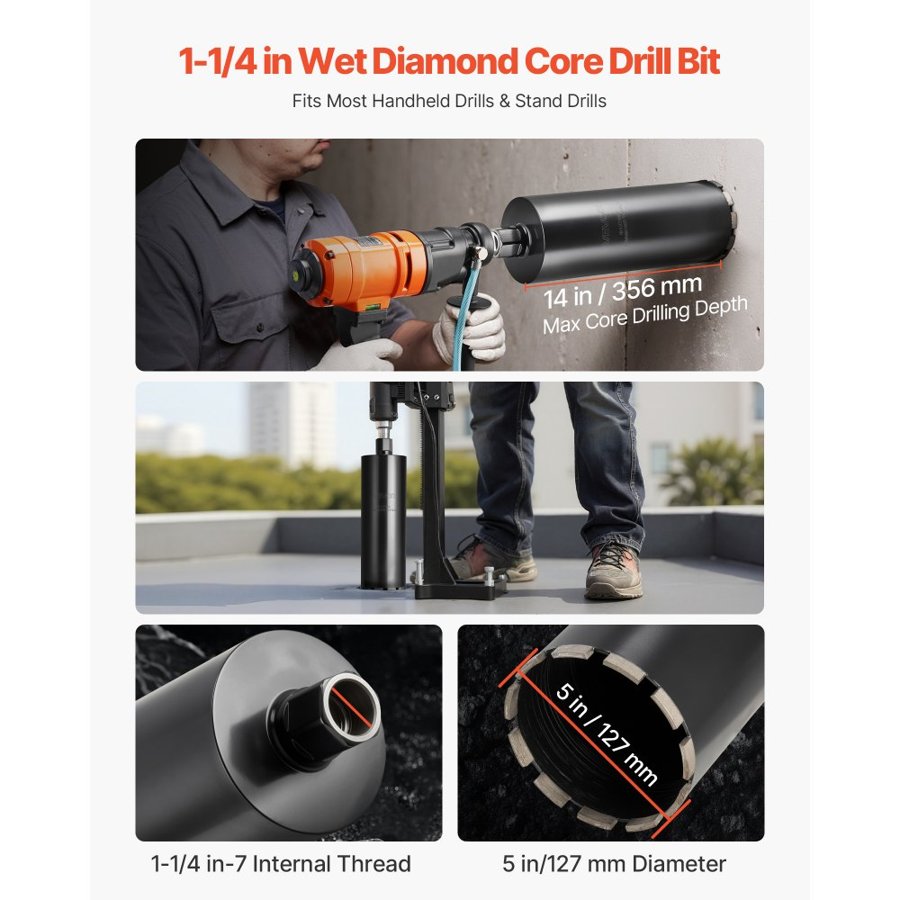 VEVOR 5 Inch Core Drill Bit – 14 In Depth, 1-1/4 In-7 Thread
