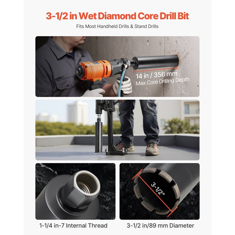 VEVOR 3-1/2 Inch Core Drill Bit – 14 Inch Depth, 1-1/4-7