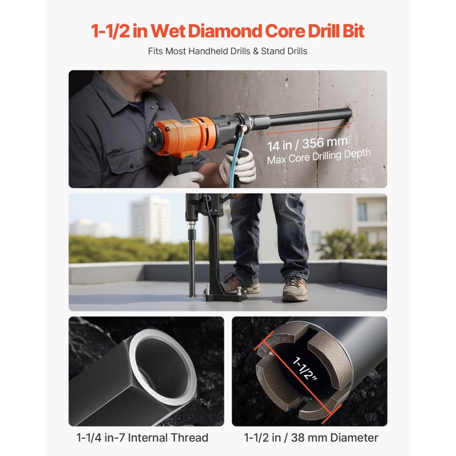 VEVOR Concrete Core Bit – 1-1/2 In × 14 In, 1-1/4-7 Thread