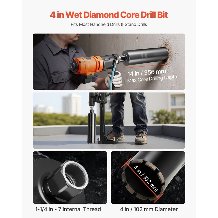 VEVOR Wet Core Drill Bit – 4", 14", 1-1/4 in-7 Thread