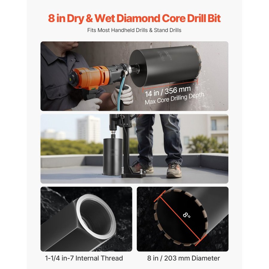 VEVOR 8 Inch Diamond Core Drill Bit – 14" Depth, 1-1/4-7
