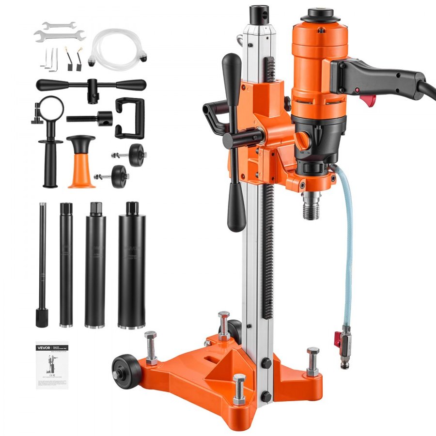 VEVOR Diamond Core Drilling Machine, Max 200mm Drilling Capacity, 2-in-1 Handheld/Stand-Mount Dry and Wet Concrete Core Drill Rig with 4 Drill Bits, Rolling Wheeled Base, 1500W 2-Speed 1000/2300RPM