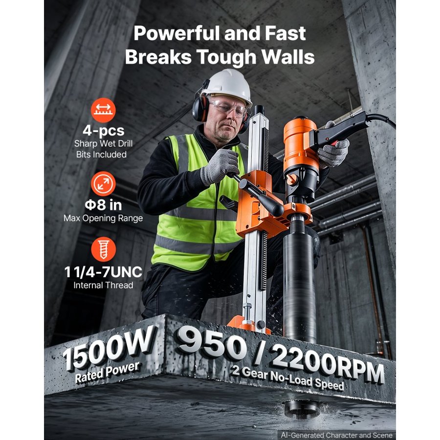 VEVOR Diamond Core Drilling Machine, Max 200mm Drilling Capacity, 2-in-1 Handheld/Stand-Mount Dry and Wet Concrete Core Drill Rig with 4 Drill Bits, Rolling Wheeled Base, 1500W 2-Speed 1000/2300RPM