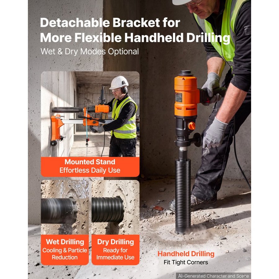 VEVOR Diamond Core Drilling Machine, Max 200mm Drilling Capacity, 2-in-1 Handheld/Stand-Mount Dry and Wet Concrete Core Drill Rig with 4 Drill Bits, Rolling Wheeled Base, 1500W 2-Speed 1000/2300RPM
