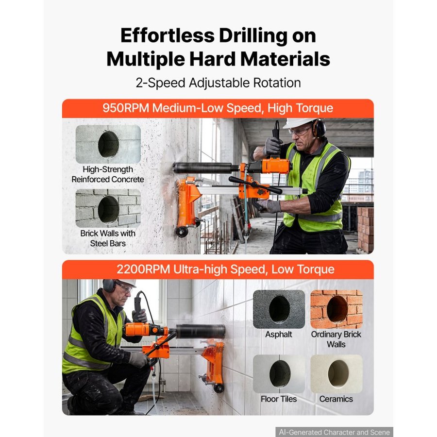 VEVOR Diamond Core Drilling Machine, Max 200mm Drilling Capacity, 2-in-1 Handheld/Stand-Mount Dry and Wet Concrete Core Drill Rig with 4 Drill Bits, Rolling Wheeled Base, 1500W 2-Speed 1000/2300RPM