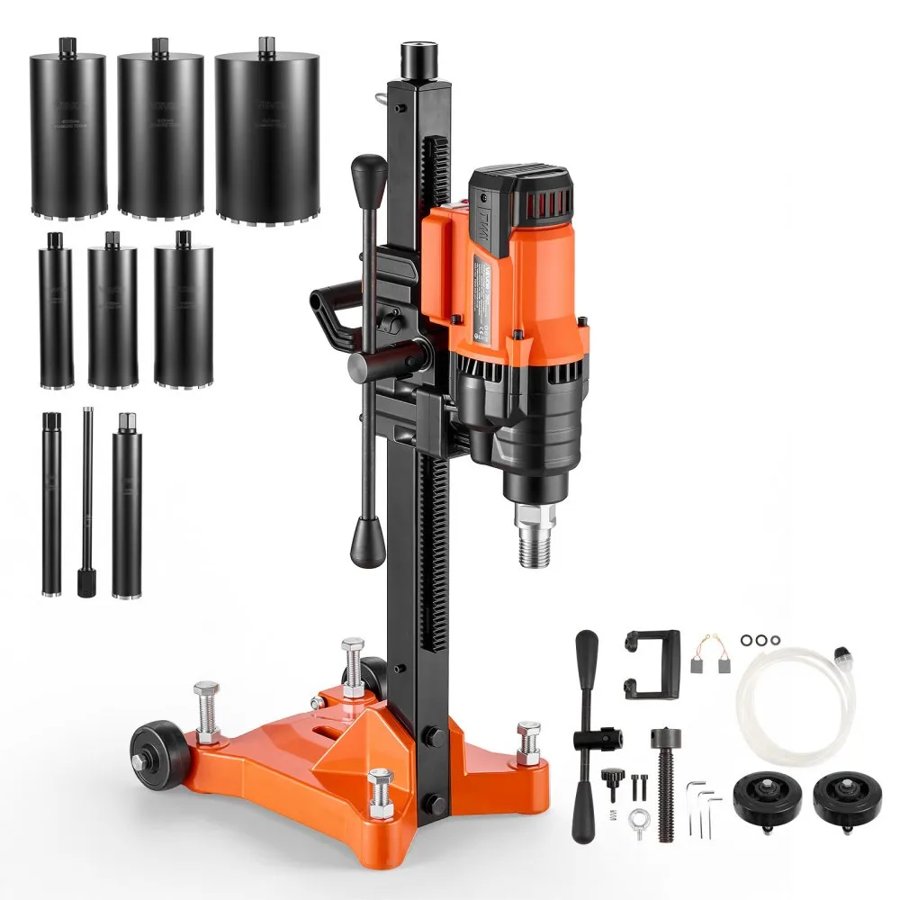 VEVOR Diamond Core Drilling Machine, 20-202mm Drilling Diameter, Rolling Dry and Wet Concrete Core Drill Rig with 8 Drill Bits & Wheeled Stand, 2500W (Max 3500W), 850 RPM Speed, UNC1 1/4–7 Thread