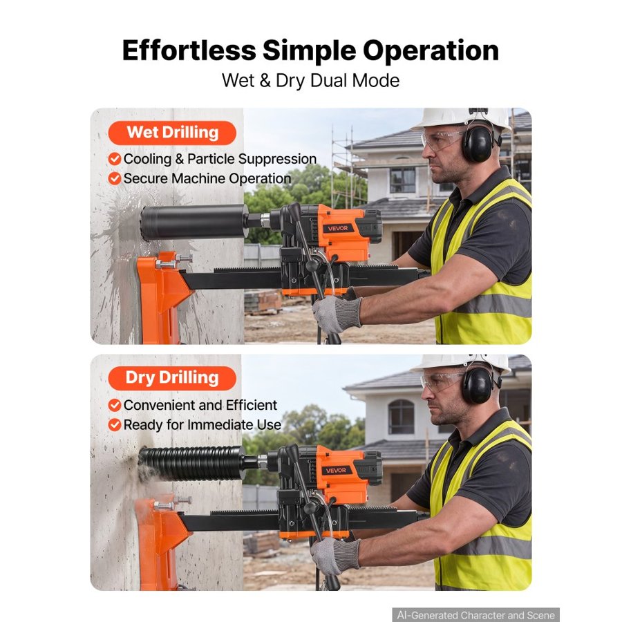 VEVOR Diamond Core Drilling Machine, 20-202mm Drilling Diameter, Rolling Dry and Wet Concrete Core Drill Rig with 8 Drill Bits & Wheeled Stand, 2500W (Max 3500W), 850 RPM Speed, UNC1 1/4–7 Thread