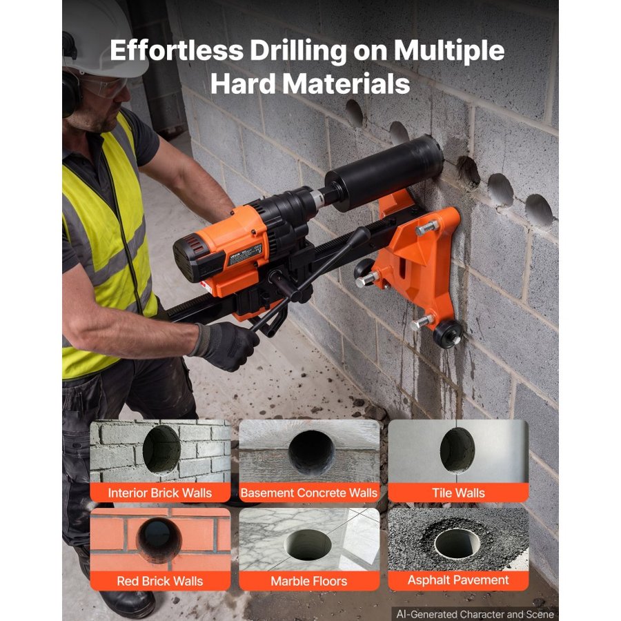 VEVOR Diamond Core Drilling Machine, 20-202mm Drilling Diameter, Rolling Dry and Wet Concrete Core Drill Rig with 8 Drill Bits & Wheeled Stand, 2500W (Max 3500W), 850 RPM Speed, UNC1 1/4–7 Thread