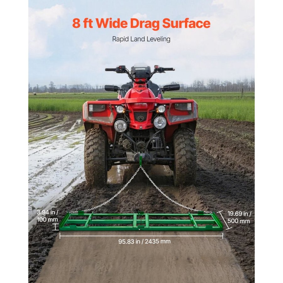 VEVOR Drag Harrow, 8 ft Heavy Duty Tow Behind Drag Harrow with Adjustable Bars & 72 in Chain, Driveway Grader Landscape Rake for ATV, UTV, Tractor, Mower Tow Behind Yard Lawn Leveling Tool