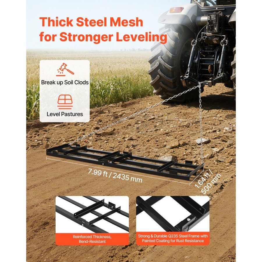 VEVOR Heavy Duty Lawn Leveling Rake – 243x50cm, 74.74 lbs