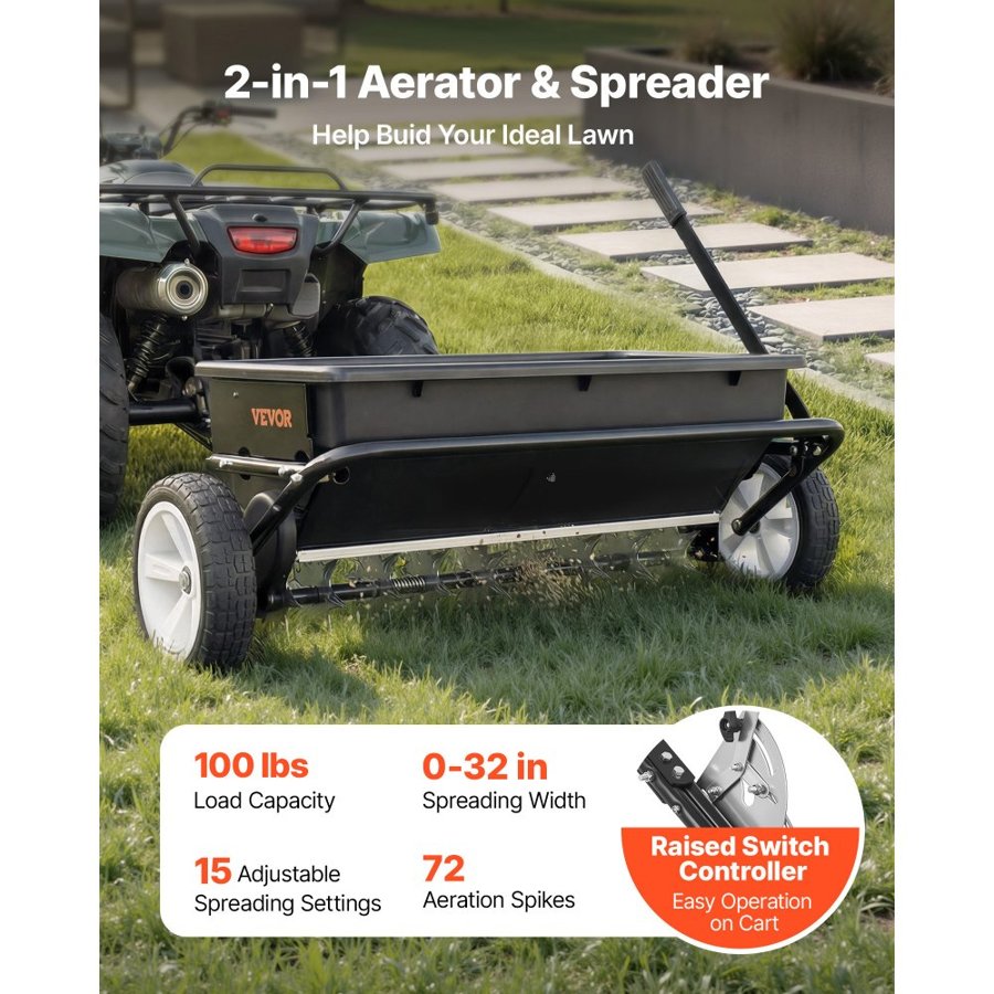 VEVOR Tow Behind Lawn Spreader with Aeration Spikes, 0.81m Spreading Width, Broadcast Spreader with Universal Hitch, Garden Seeder & Soil Aerator with 100lbs Capacity & 10 in Tires for ATVs UTVs