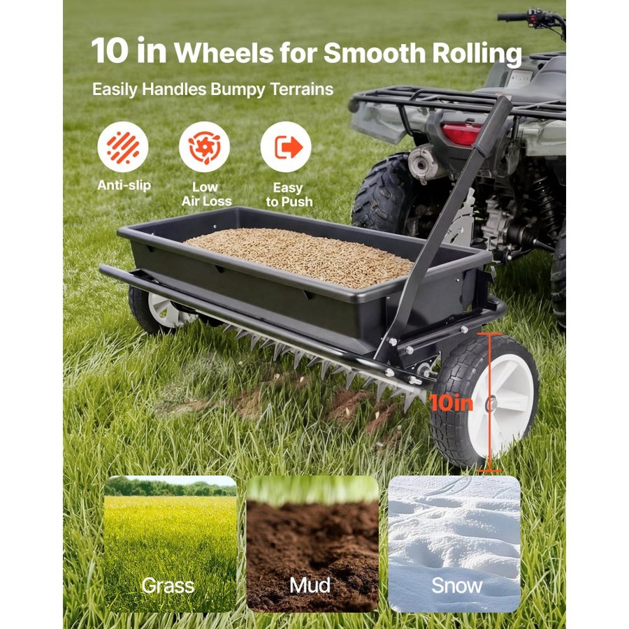 VEVOR Tow Behind Lawn Spreader with Aeration Spikes, 0.81m Spreading Width, Broadcast Spreader with Universal Hitch, Garden Seeder & Soil Aerator with 100lbs Capacity & 10 in Tires for ATVs UTVs