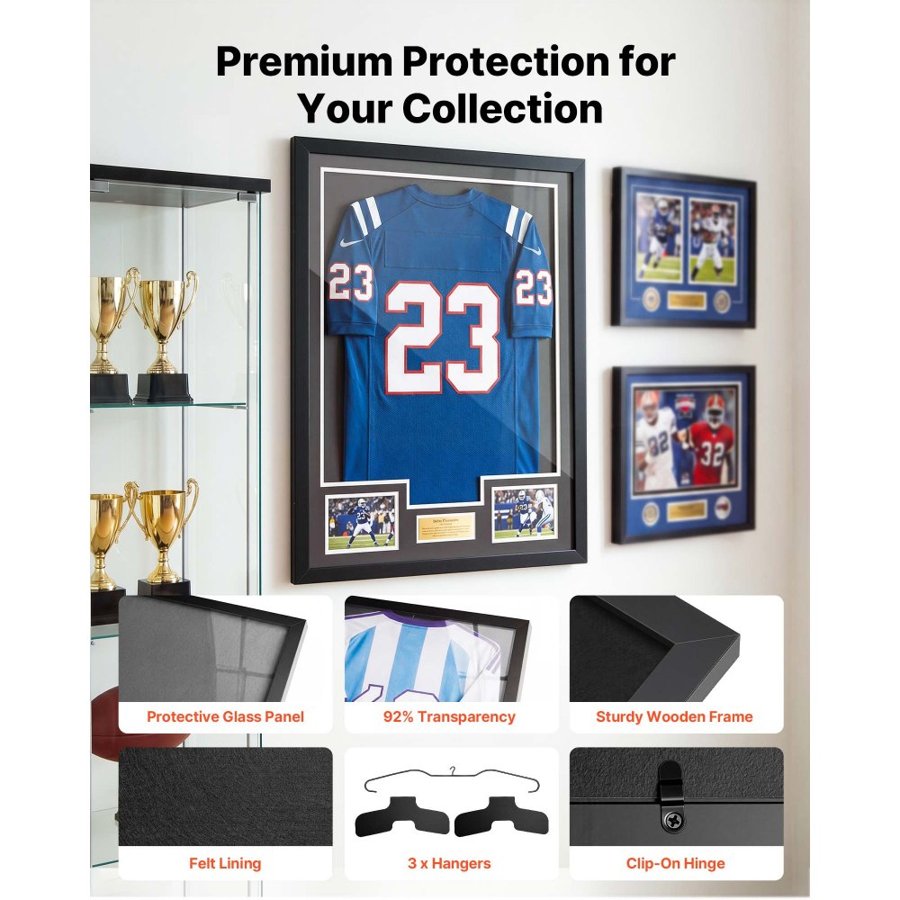VEVOR Jersey Frame Display Case, 80 x 60 x 2.5 cm, Wooden Sport Jersey Shadow Box with 98% UV Protection PC Panel and Hanger, for Baseball Basketball Football Hockey Shirt Sport and Uniform, Black
