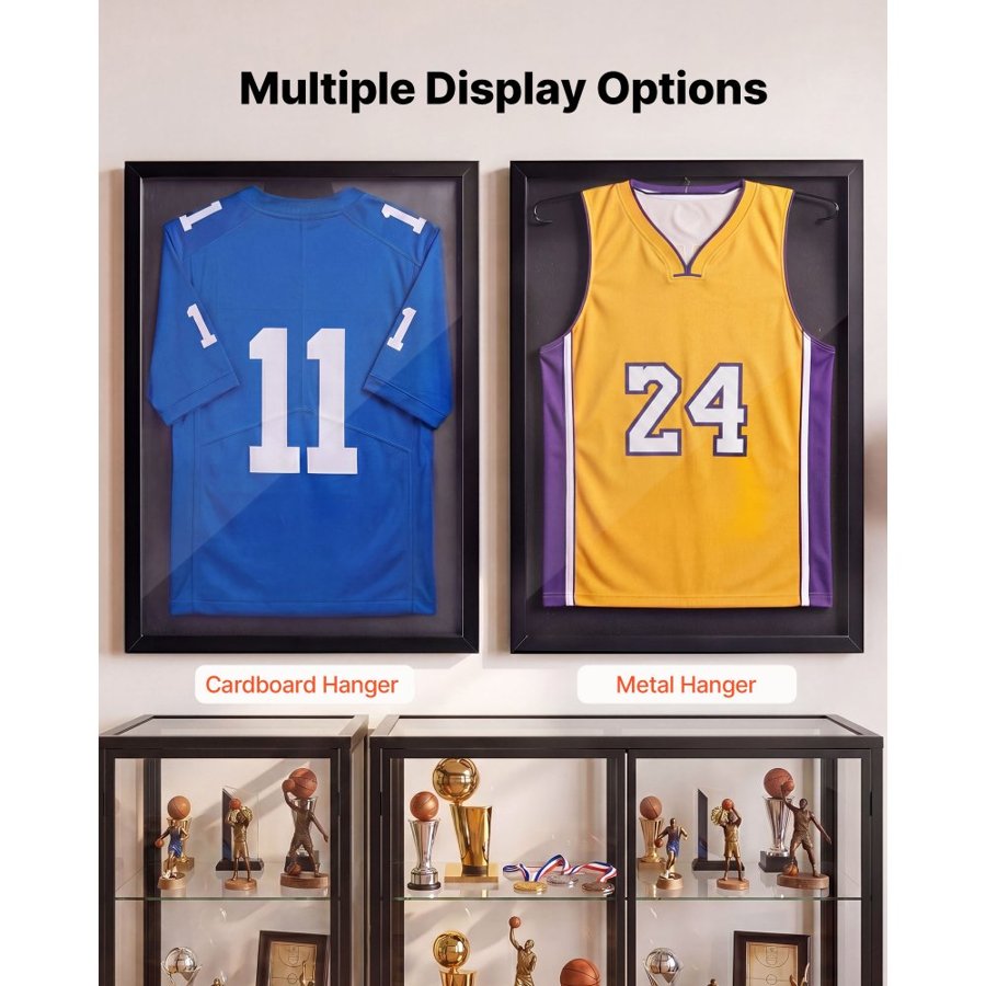 VEVOR Jersey Frame Display Case, 80 x 60 x 2.5 cm, Wooden Sport Jersey Shadow Box with 98% UV Protection PC Panel and Hanger, for Baseball Basketball Football Hockey Shirt Sport and Uniform, Black