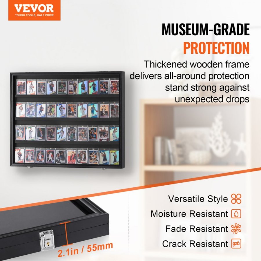 VEVOR 36 Graded Sports Card Display Case, 30.5x24.3x2.1 in/77.5x61.7x5.3 cm, Baseball Card Display Frame with 98% UV Protection Clear View PC Glass, Lockable Wall Cabinet for Football Basketball Hockey Trading Card