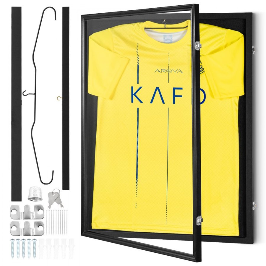 VEVOR Jersey Display Frame Case, 24 x 32 x 1.5 in/61 x 81.3 x 3.8 cm, Large Lockable Sport Jersey Shadow Box with 98% UV Protection PC Glass and Hangers, for Baseball Basketball Football Hockey Shirt and Uniform, Black