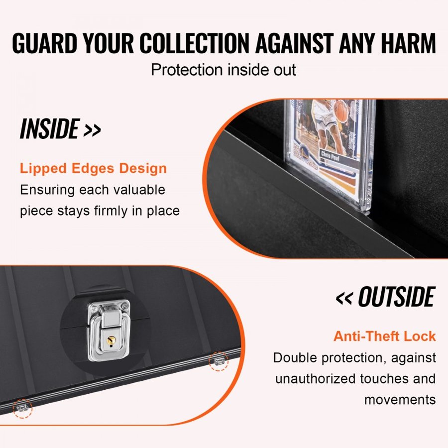 VEVOR 35 Graded Sports Card Display Case, 24.3x30.5x2.1 in/61.7x77.5x5.3 cm, Baseball Card Display Frame with 98% UV Protection Clear View PC Glass, Lockable Wall Cabinet for Football Basketball Hockey Trading Card