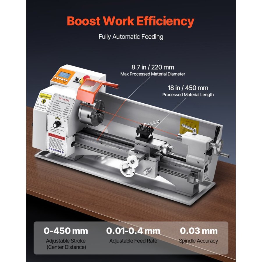 VEVOR Metal Lathe Machine, 220 x 450 mm(8.7 x 18 in), Precision Bench Power Metal Lathe, Automatic Feed, 0-2500 RPM Variable Speed, 1250W Brushless Motor, for Processing Precision Parts Soft Metals Wood Plastics