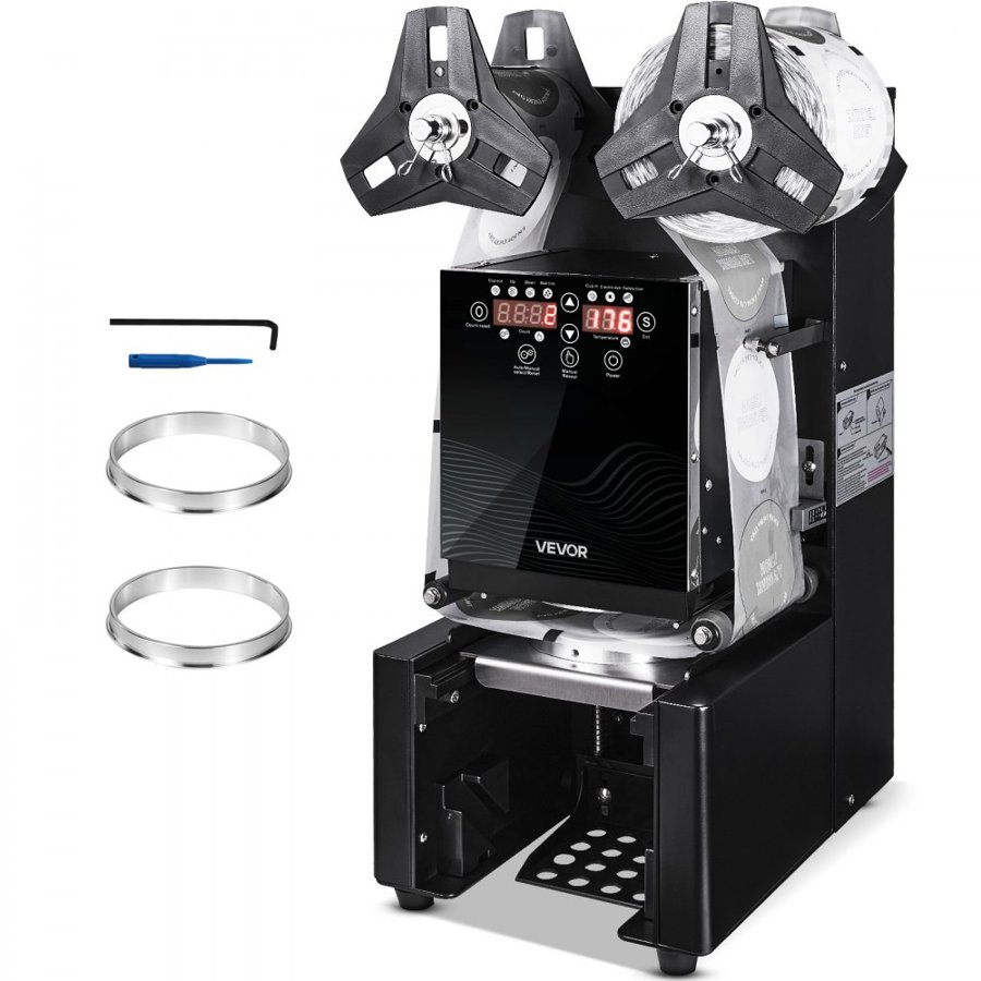 VEVOR Fully Automatic Cup Sealing Machine, 500-650 Cups/H, Cup Sealer Machine for 190 mm Tall & 90/95 mm Cup, Electric Boba Tea Sealer with Digital Control LCD Panel for Bubble Milk Tea Coffee, Black