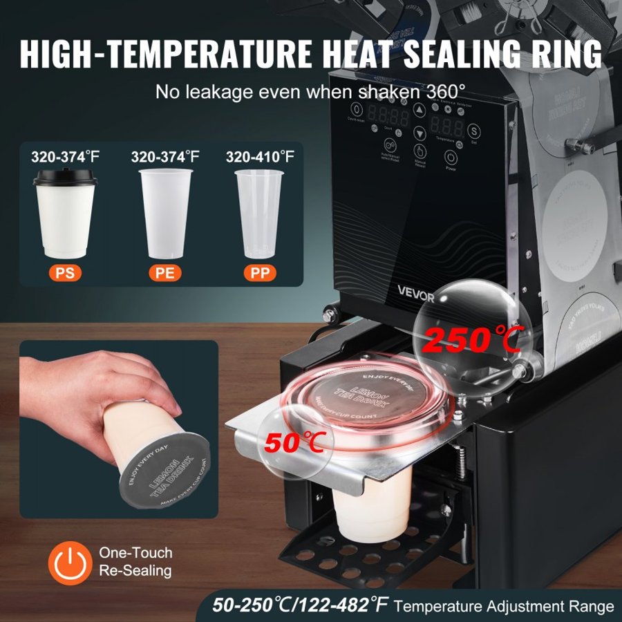 VEVOR Fully Automatic Cup Sealing Machine, 500-650 Cups/H, Cup Sealer Machine for 190 mm Tall & 90/95 mm Cup, Electric Boba Tea Sealer with Digital Control LCD Panel for Bubble Milk Tea Coffee, Black