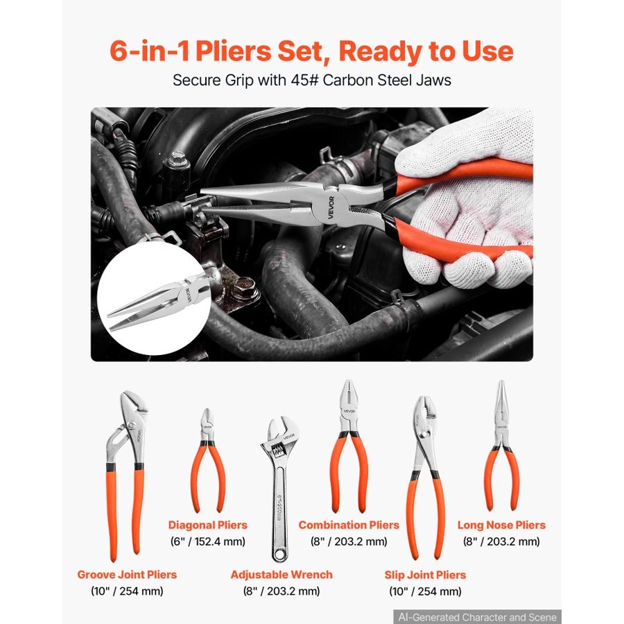 VEVOR Pliers and Wrench Set – 6 Pcs, 45# Carbon Steel Jaws