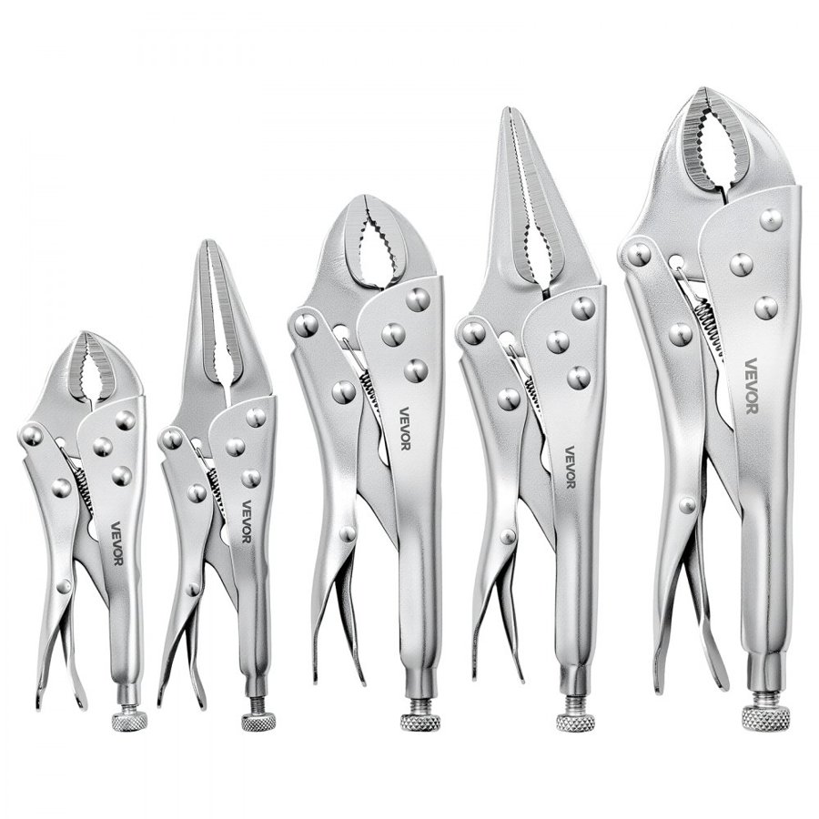 VEVOR Locking Pliers Set 5-Piece Pliers Tool Set Nickel-Plated Carbon Steel, Hand Tools for DIY & Home Use, Curved Jaw and Long Nose, Ergonomic Non-Slip Handles, Easy Operation, Adjustable Jaw Opening