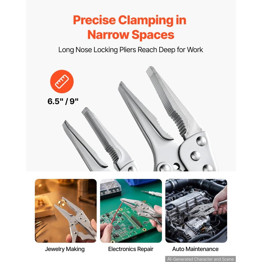 VEVOR Locking Pliers Set 5-Piece Pliers Tool Set Nickel-Plated Carbon Steel, Hand Tools for DIY & Home Use, Curved Jaw and Long Nose, Ergonomic Non-Slip Handles, Easy Operation, Adjustable Jaw Opening