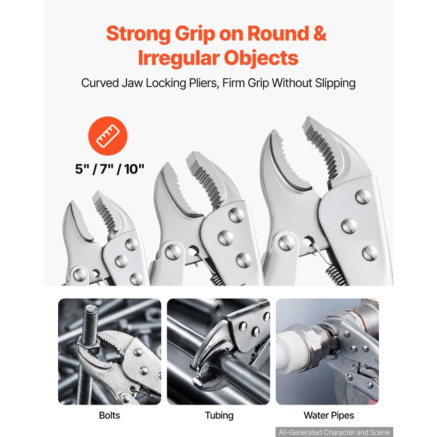 VEVOR Locking Pliers Set 5-Piece Pliers Tool Set Nickel-Plated Carbon Steel, Hand Tools for DIY & Home Use, Curved Jaw and Long Nose, Ergonomic Non-Slip Handles, Easy Operation, Adjustable Jaw Opening