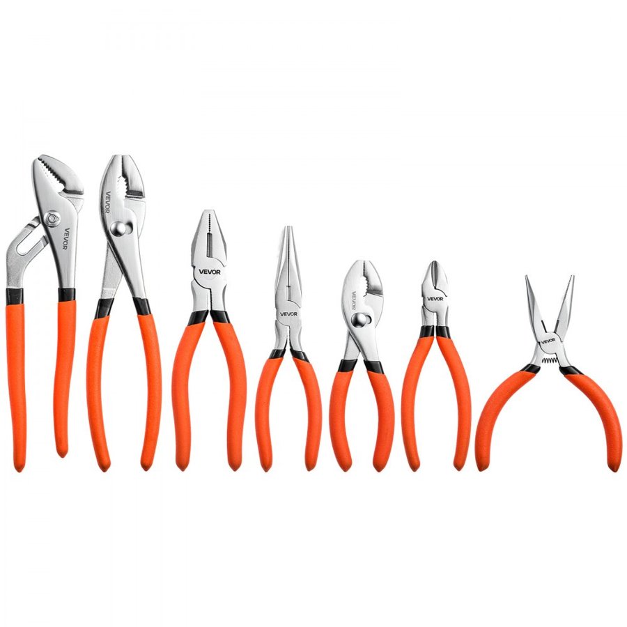VEVOR Pliers Set 7-Piece Utility Set Polished Carbon Steel Jaw Hand Tools, For DIY & Home Use, Groove Joint, Combination, Diagonal, Slip Joint, Long Nose Pliers, Non-Slip Grips, User-Friendly Design