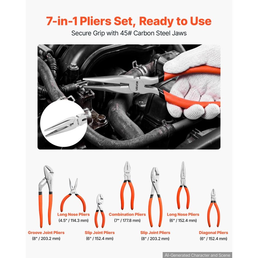 VEVOR Pliers Set 7-Piece Utility Set Polished Carbon Steel Jaw Hand Tools, For DIY & Home Use, Groove Joint, Combination, Diagonal, Slip Joint, Long Nose Pliers, Non-Slip Grips, User-Friendly Design