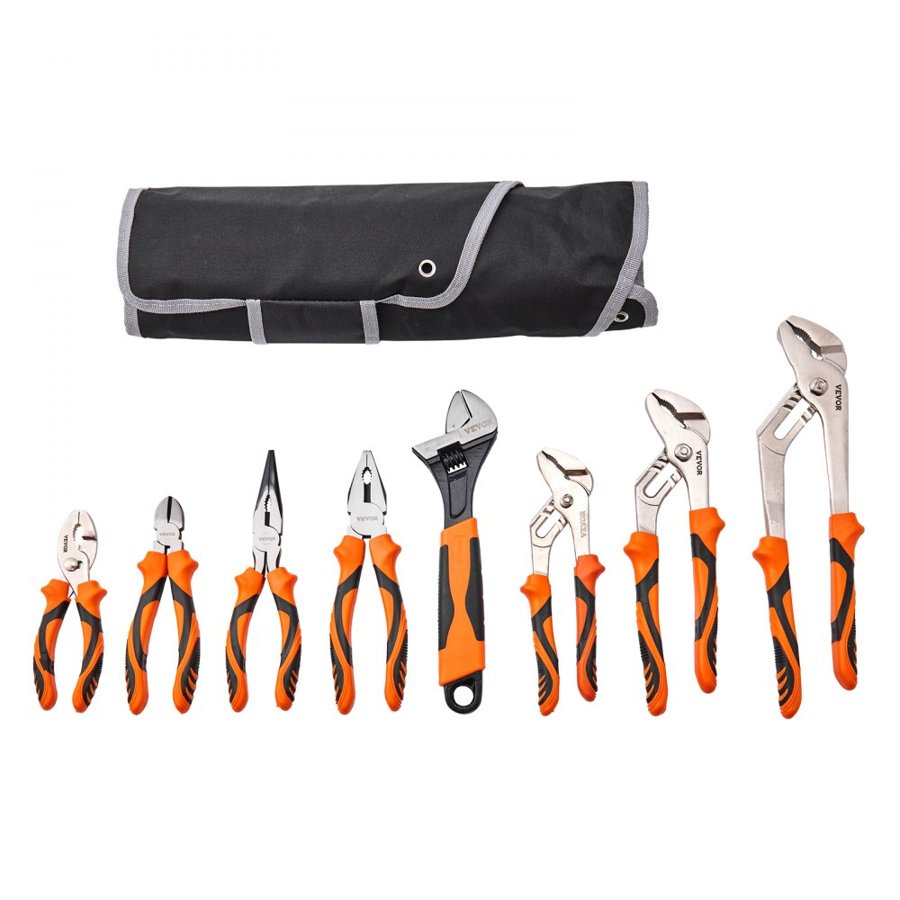 VEVOR Pliers Set, 8-Piece, High Carbon Steel, 30.5cm/25.4cm/20.3cm Groove Joint Pliers, 20.3cm Linesman's Pliers, 15.2cm Slip Joint Pliers, 20.3cm Long Nose Pliers, 15.2cm Diagonal Cutter, 25.4cm Adjustable Wrench, and Tool Bag
