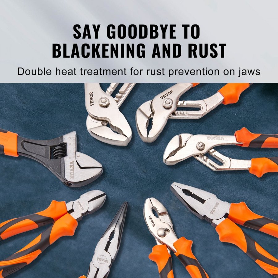 VEVOR Pliers Set, 8-Piece, High Carbon Steel, 30.5cm/25.4cm/20.3cm Groove Joint Pliers, 20.3cm Linesman's Pliers, 15.2cm Slip Joint Pliers, 20.3cm Long Nose Pliers, 15.2cm Diagonal Cutter, 25.4cm Adjustable Wrench, and Tool Bag