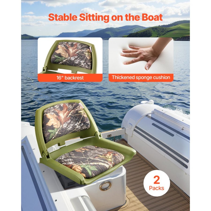 VEVOR Boat Seat, Low Backrest, Folding Fishing Boat Seat with Thickened Sponge Cushion & PU Polyester Fabric, Strong PP Frame, Flip Up Boat Seat for Fishing Boats, Yachts, Ships, Camouflage Color