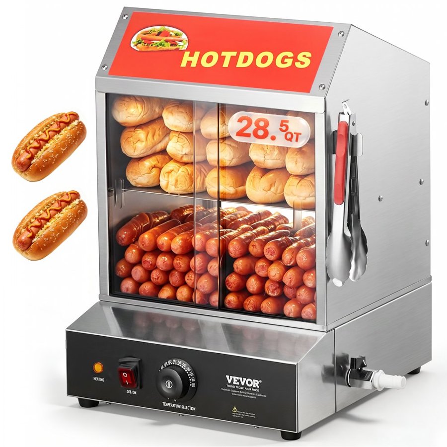 VEVOR Hot Dog Steamer, 27L, 2-Tier Hot Dog Hut Steamer, 30℃~85℃ Temperature Control, Electric Bun Warmer with Tempered Glass Slide Doors Partition Plate Tong, Stainless Steel, for Hot Dogs & Buns