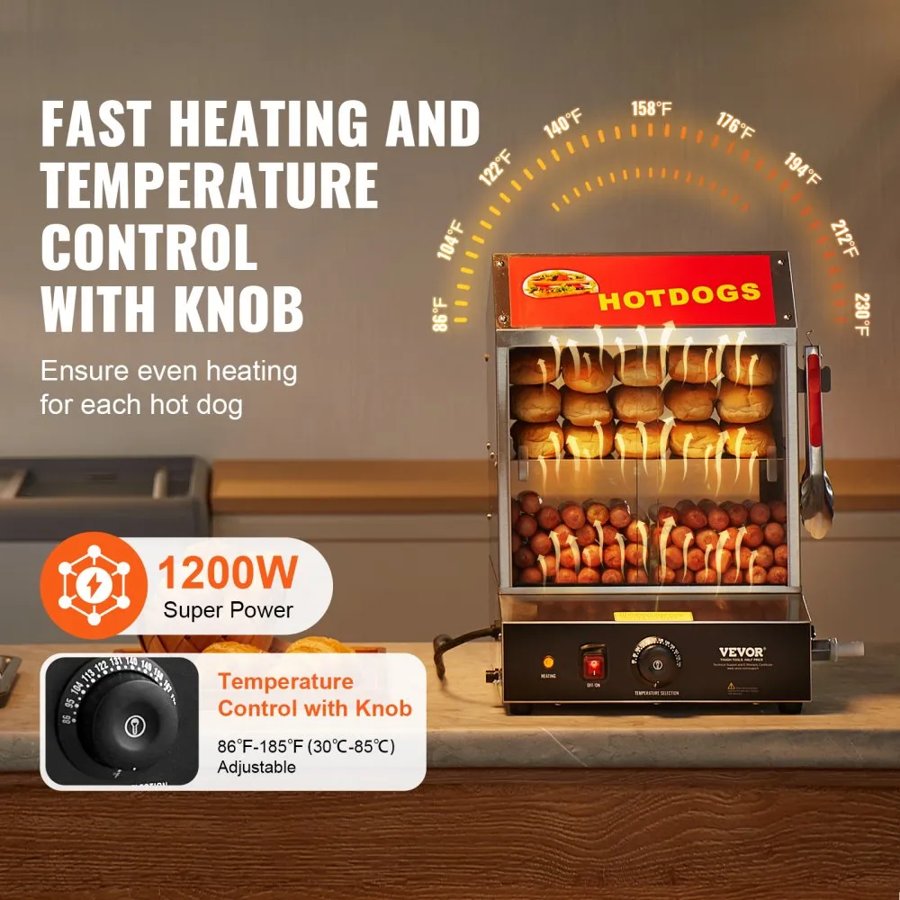 VEVOR Hot Dog Steamer, 27L, 2-Tier Hot Dog Hut Steamer, 30℃~85℃ Temperature Control, Electric Bun Warmer with Tempered Glass Slide Doors Partition Plate Tong, Stainless Steel, for Hot Dogs & Buns