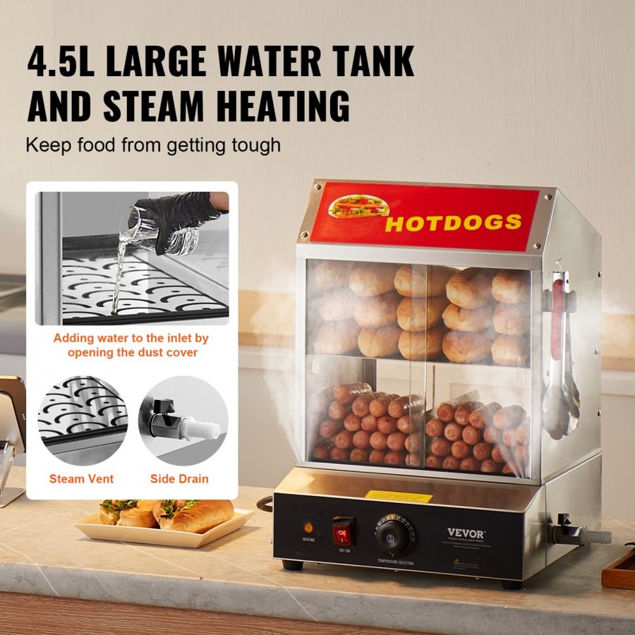 VEVOR Hot Dog Steamer, 27L, 2-Tier Hot Dog Hut Steamer, 30℃~85℃ Temperature Control, Electric Bun Warmer with Tempered Glass Slide Doors Partition Plate Tong, Stainless Steel, for Hot Dogs & Buns
