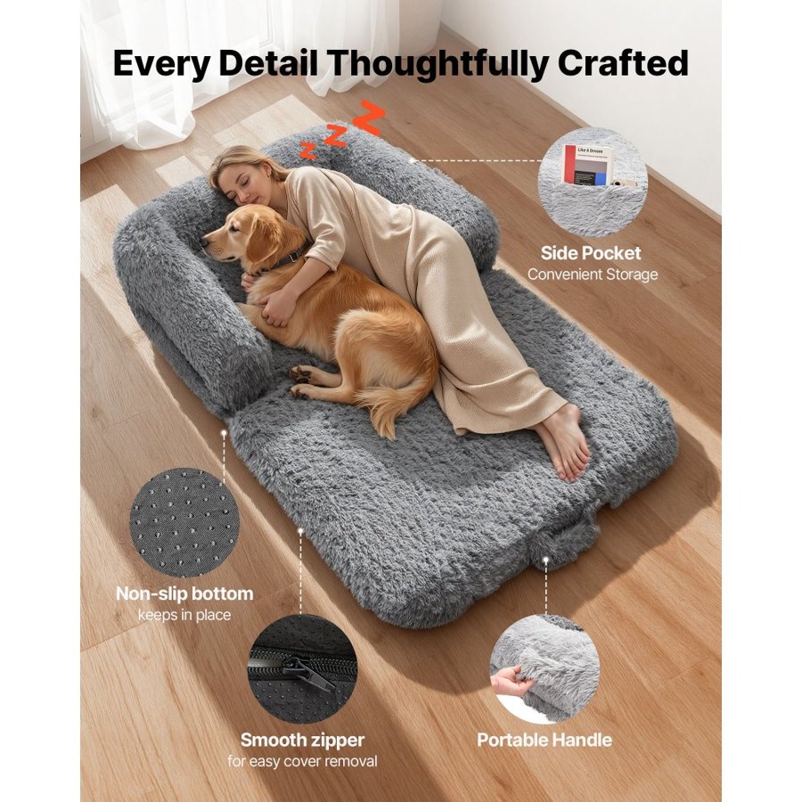 VEVOR Human Dog Bed, 1810 x 1110 x 240 mm Orthopedic Memory Foam Human Sized Dog Bed, Humans Pet Beds with Side Pocket, Handle & Zipper, Removable Machine-Washable Dogs Beds for Humans, Dark Gray