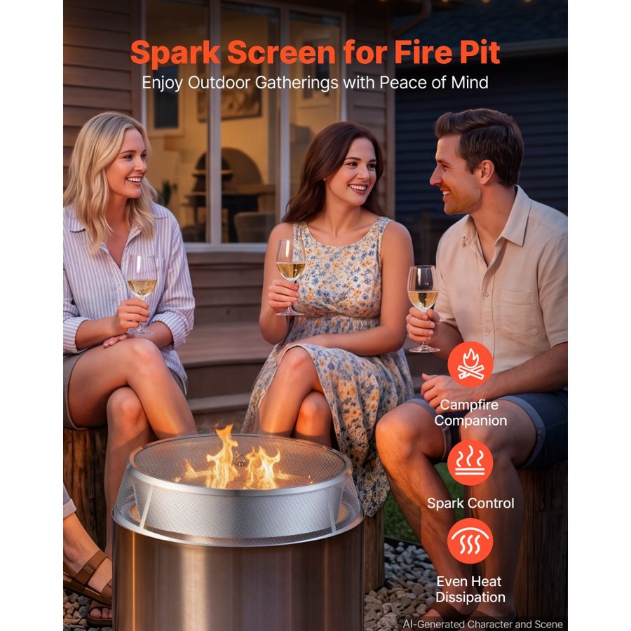 VEVOR Fire Pit Spark Screen, 66 cm Mesh Cover Lid, SUS304 Stainless Steel, for Outdoor, Patio, Backyard, Camping, Party, with Handles and Poker, High Temperature Tolerant, Help Block Sparks, Silver