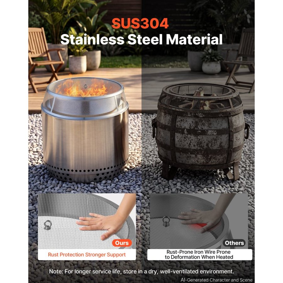 VEVOR Fire Pit Spark Screen, 66 cm Mesh Cover Lid, SUS304 Stainless Steel, for Outdoor, Patio, Backyard, Camping, Party, with Handles and Poker, High Temperature Tolerant, Help Block Sparks, Silver